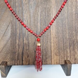 Red Beaded Necklace The Beads Are Knotted Sparkly Tassel And Faux Suede 30"+2.5"